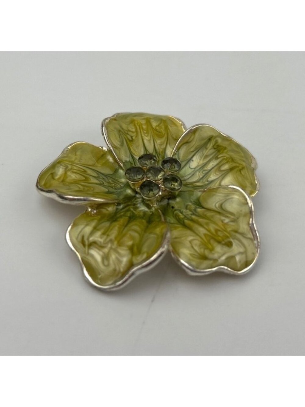 50's Green Flower Enamel Rhinestones Vintage Brooch Glossy Retro Cute Costume - Picture 4 of 7